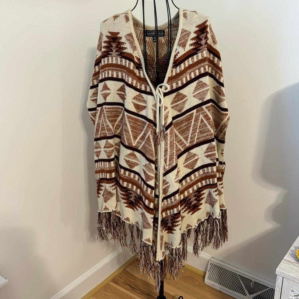 Almost Famous One Size Fits all poncho with Southwest fall colors print & fringe